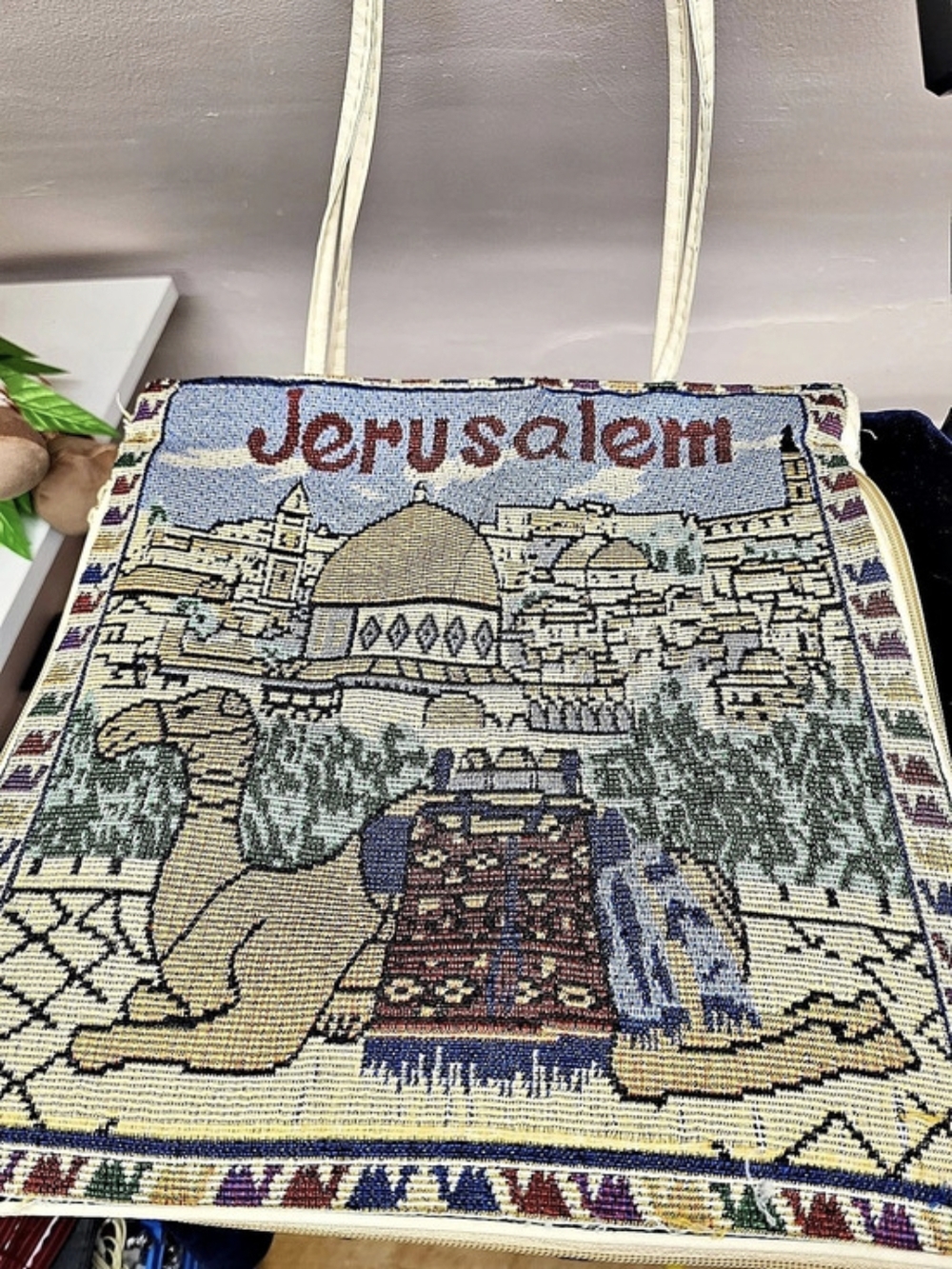 Jerusalem Tapestry Tote in Blue & Cream